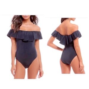 NWT Trina Turk Black Ruffle Off Shoulder One-Piece Swimsuit Size 10